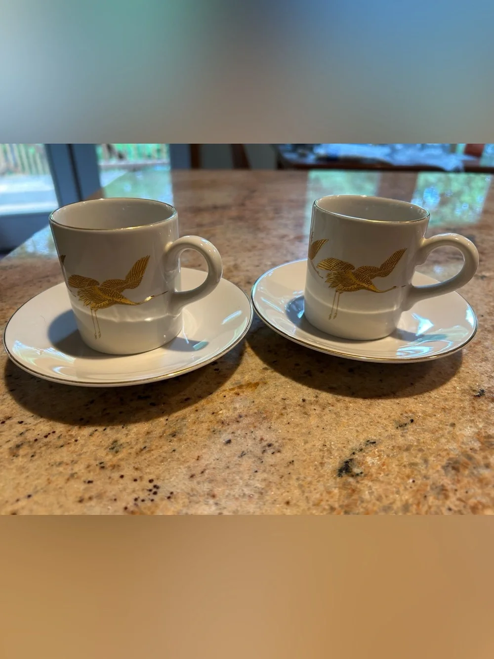Porcelain Espresso Demitasse Cup Saucer Set 22K Gold Flying Cranes Otagiri Japan